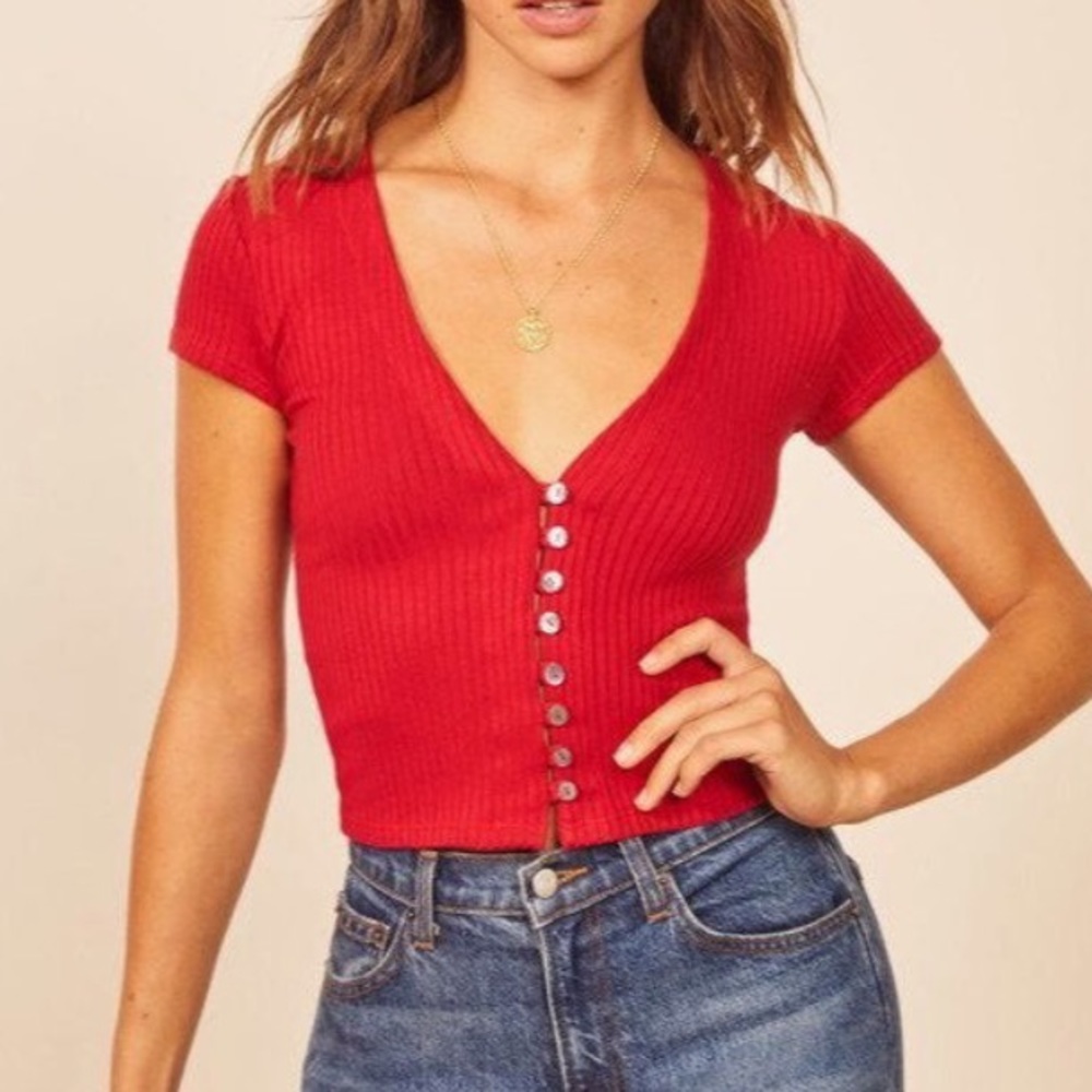 Reformation Nella Button front top in cherry red